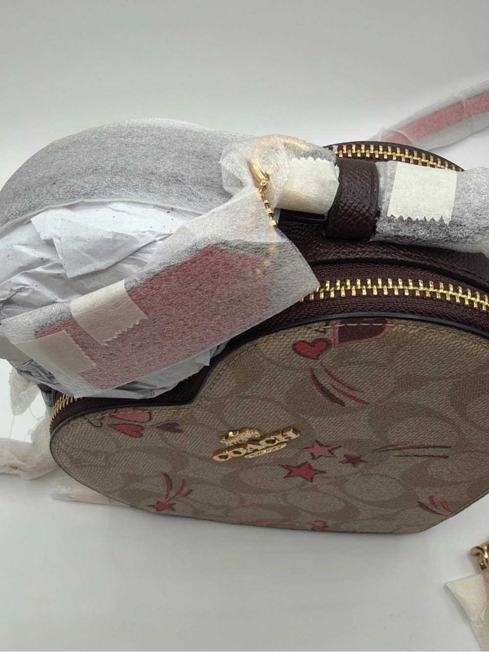 Coach Beige Signature Canvas Crossbody with Pink Heart and Star Accents